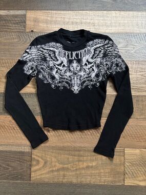 Affliction Black Long Sleeve Graphic Thermal Top with Silver Skull Wings
